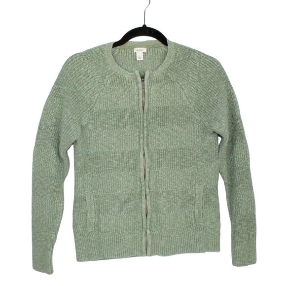 LL Bean Green 100% Cotton Knit Zip Front Cardigan Sweater Size S - Picture 1 of 9